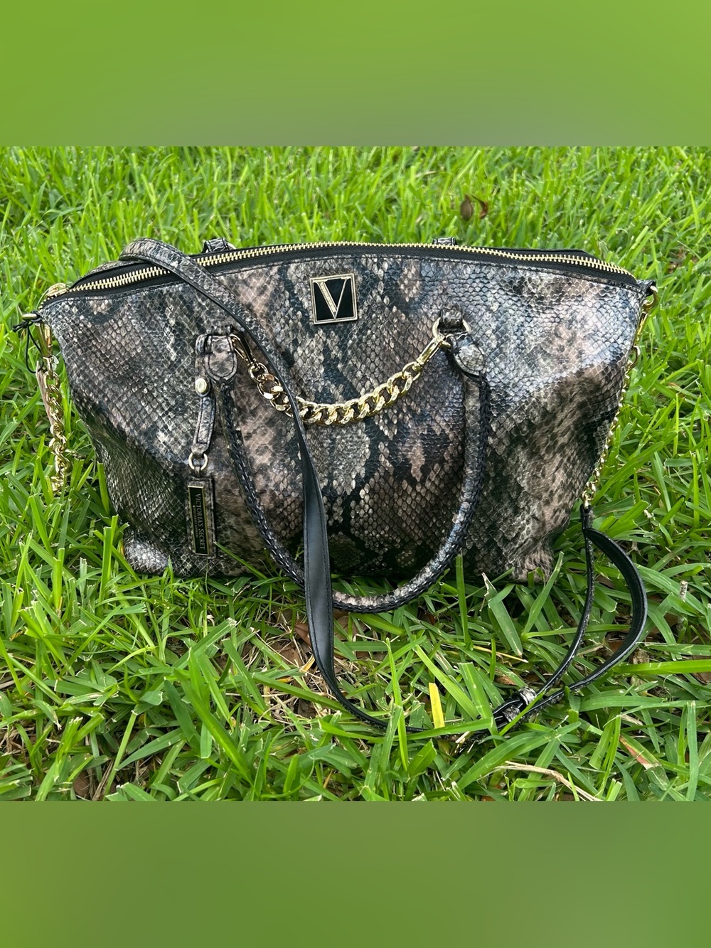 Victoria's Secret Snake-Print Tote in Black and Brown with Gold Accents